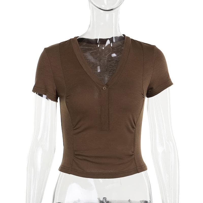 Women's Effortless Chic Mocha V-Neck Henley Crop Top - Your Essential Fall Layer