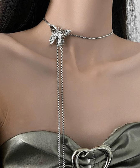 Enchanted Butterfly Lariat Choker Necklace - Adjustable Silver Dangle for Fall & Holiday Glam