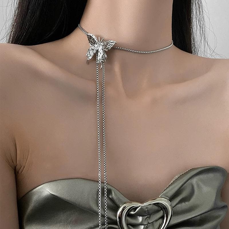 Enchanted Butterfly Lariat Choker Necklace - Adjustable Silver Dangle for Fall & Holiday Glam