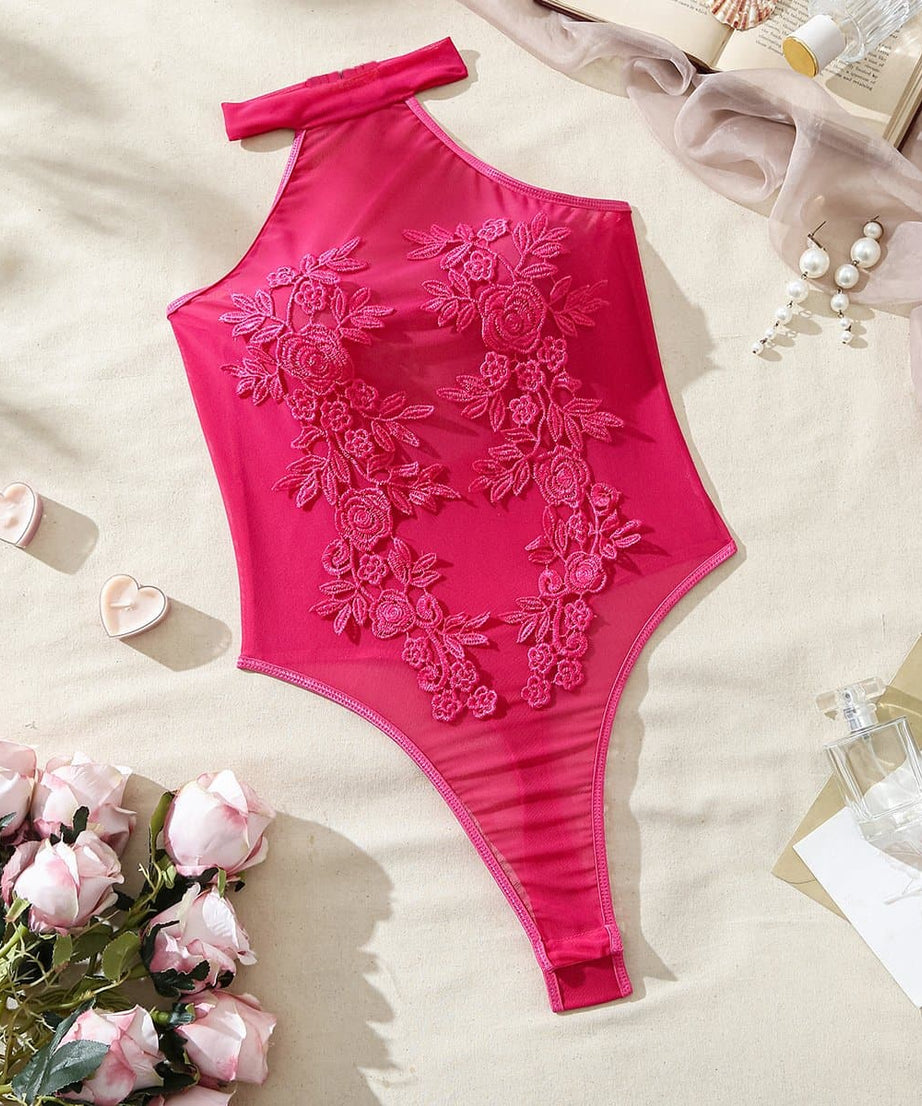Alluring Black Floral Embroidered Halter Bodysuit - Perfect for Fall Nights & Holiday Glam