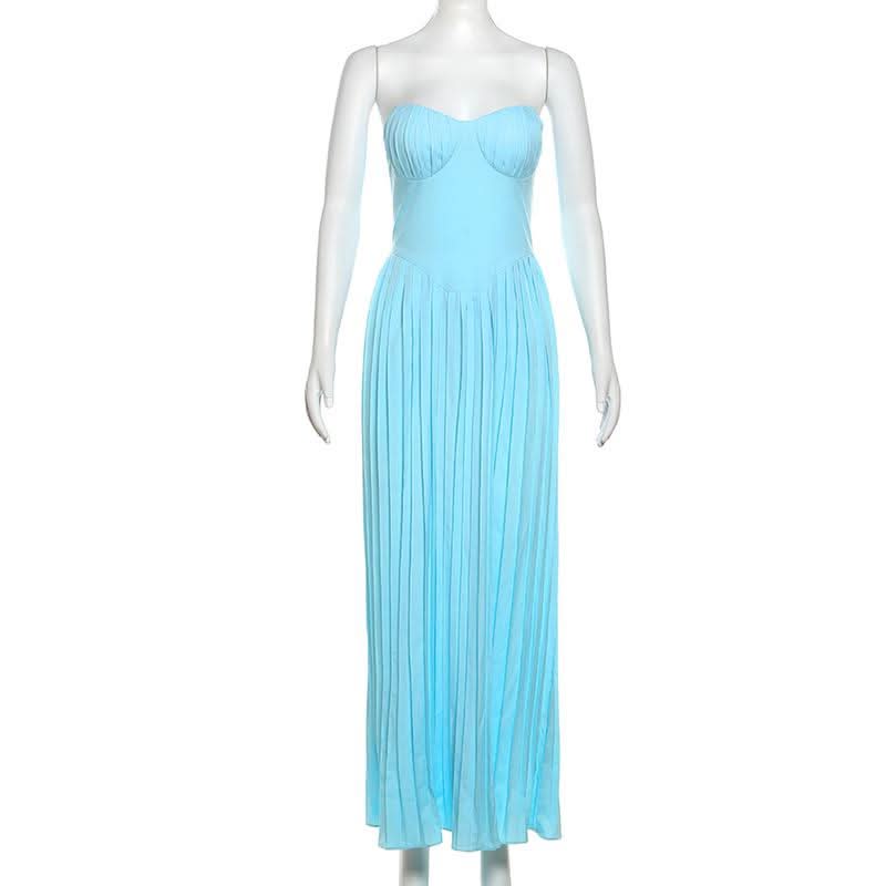 Azure Escape Strapless Pleated Maxi Dress - Fall Formal & Resort Ready Elegance