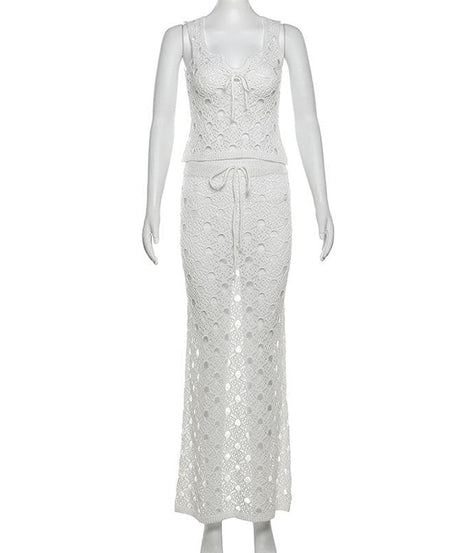 White Crochet Knit Maxi Skirt Set - Effortless Resort Wear Tank & Skirt for Your Next Getaway
