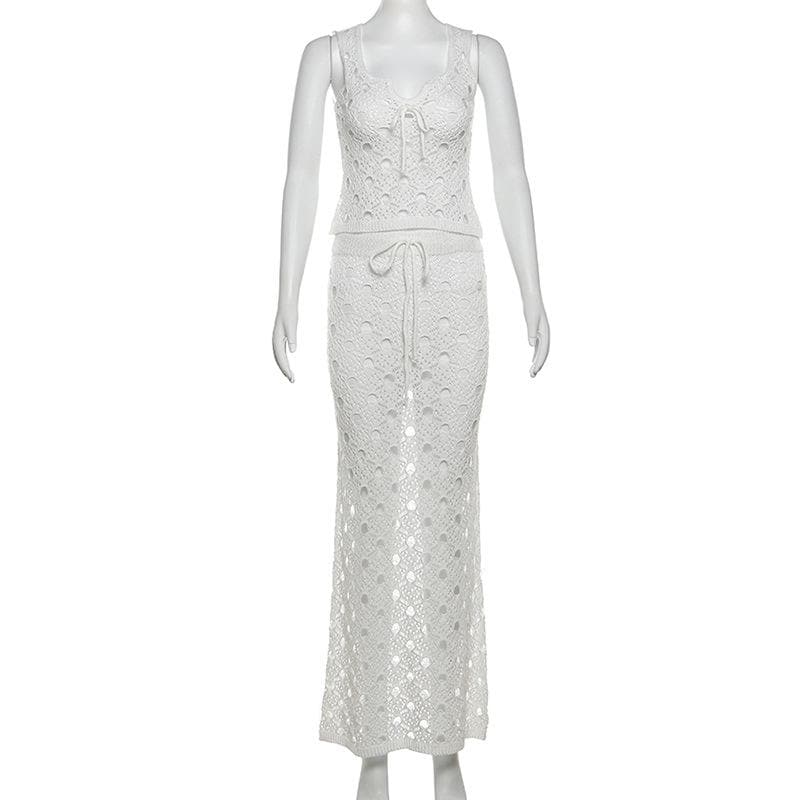 White Crochet Knit Maxi Skirt Set - Effortless Resort Wear Tank & Skirt for Your Next Getaway