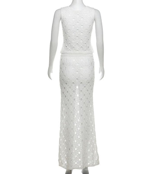 White Crochet Knit Maxi Skirt Set - Effortless Resort Wear Tank & Skirt for Your Next Getaway