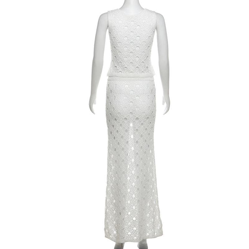 White Crochet Knit Maxi Skirt Set - Effortless Resort Wear Tank & Skirt for Your Next Getaway