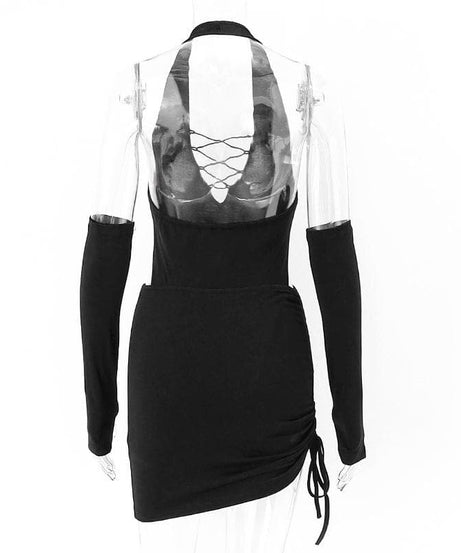 Siren Black Halter Lace-Up Cut-Out Mini Dress with Statement Sleeves - Fall Party & Clubwear Essential