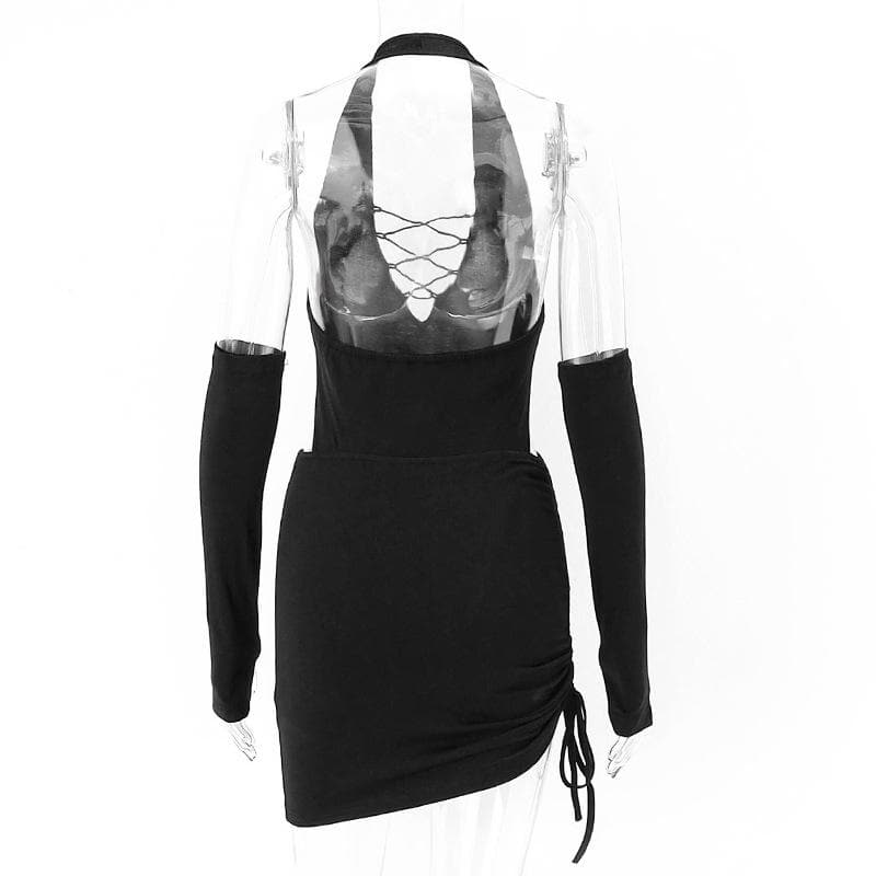 Siren Black Halter Lace-Up Cut-Out Mini Dress with Statement Sleeves - Fall Party & Clubwear Essential