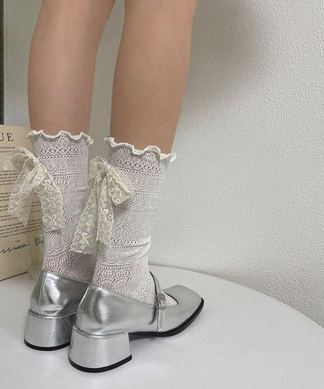 Delicate Lace Bow Ruffle Mid-Calf Socks – Enchanting Fall & Holiday Style