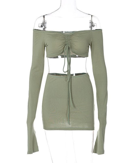 Fall Night Out Ready: Chic Off-Shoulder Cut-Out Mini Skirt Set with Drawstring Detail