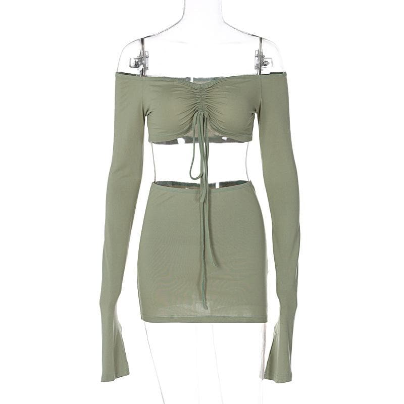Fall Night Out Ready: Chic Off-Shoulder Cut-Out Mini Skirt Set with Drawstring Detail