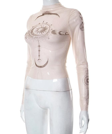 Cosmic Aura Sheer Mesh Mock Neck Top - Celestial Sun & Moon Fall Fashion