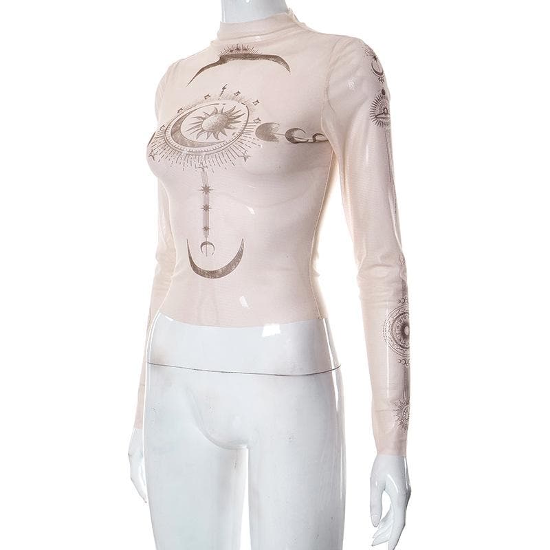 Cosmic Aura Sheer Mesh Mock Neck Top - Celestial Sun & Moon Fall Fashion