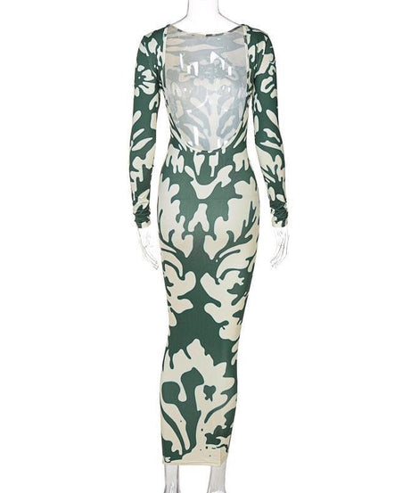 Statement Abstract Print Maxi Dress - Backless Long Sleeve Bodycon for Fall/Holiday