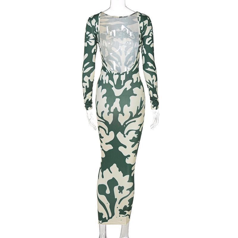 Statement Abstract Print Maxi Dress - Backless Long Sleeve Bodycon for Fall/Holiday