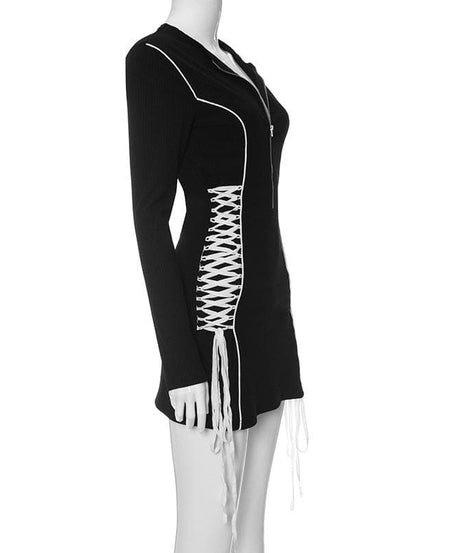 Edgy Chic Long Sleeve Lace-Up Mini Dress - Black Bodycon Zip-Up for Fall Nights & Holiday Parties