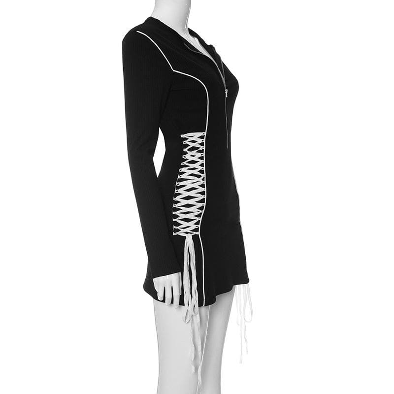 Edgy Chic Long Sleeve Lace-Up Mini Dress - Black Bodycon Zip-Up for Fall Nights & Holiday Parties