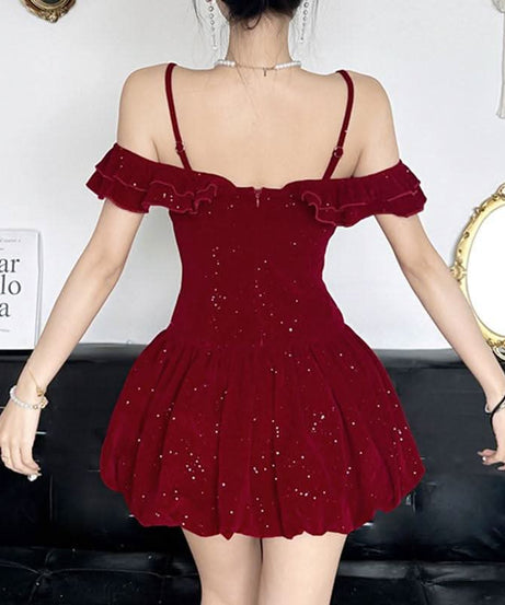 Stardust Rose Velvet Mini Dress - Glamorous 2-Way Off-Shoulder for Holiday Parties & NYE