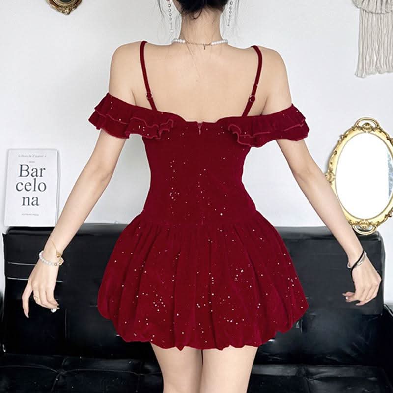 Stardust Rose Velvet Mini Dress - Glamorous 2-Way Off-Shoulder for Holiday Parties & NYE