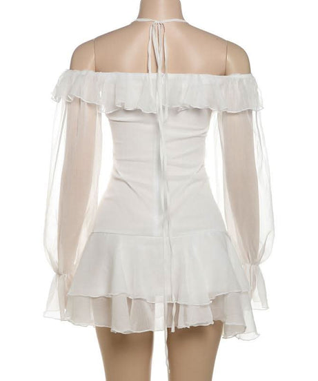 Enchanted Aura White Off-Shoulder Halter Mini Dress | Ruffle Chiffon Bow for Fall Parties & Chic Halloween
