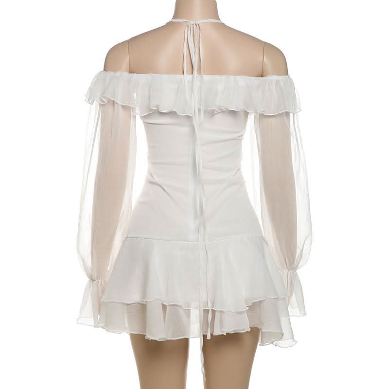 Enchanted Aura White Off-Shoulder Halter Mini Dress | Ruffle Chiffon Bow for Fall Parties & Chic Halloween