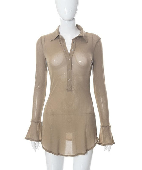 Sultry Sheer Mesh Button-Up Mini Dress - Daring Fall & Halloween Party Statement