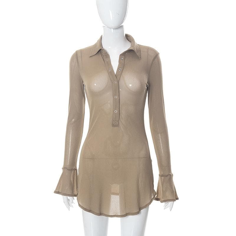 Sultry Sheer Mesh Button-Up Mini Dress - Daring Fall & Halloween Party Statement