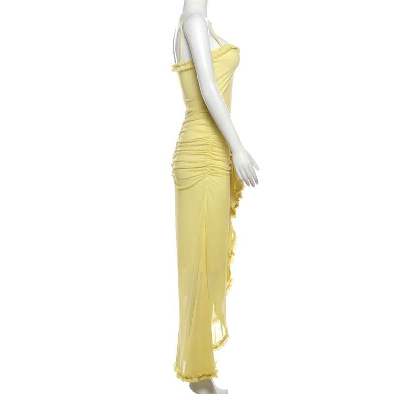 Sun-Kissed Radiance: Yellow Ruffle Mesh Backless Maxi Dress - Your Vacation & Event Essential
