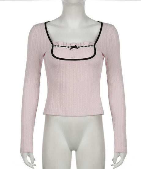 Sweetheart Pink Ribbed Knit Top - Chic Square Neck Long Sleeve with Ruffle & Bow Detail for Fall