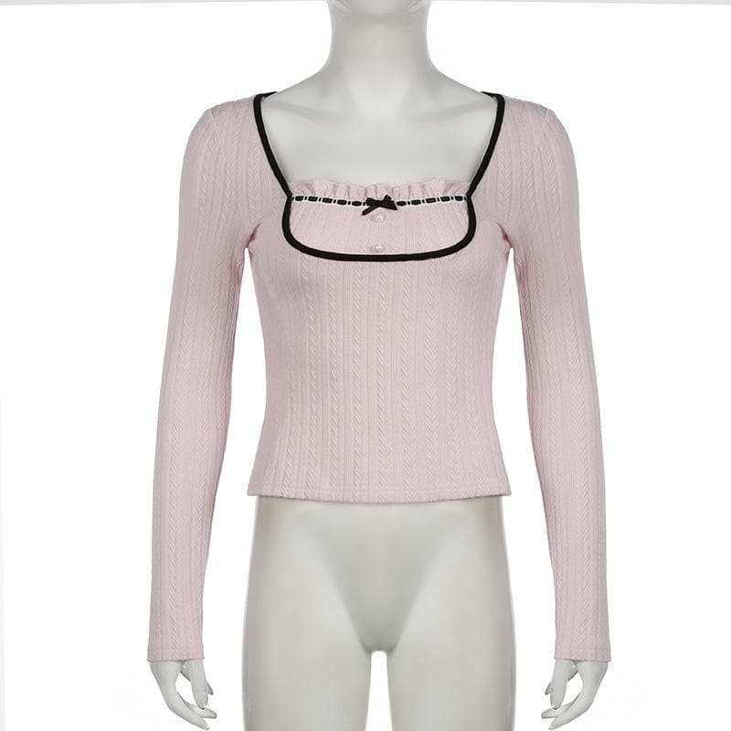 Sweetheart Pink Ribbed Knit Top - Chic Square Neck Long Sleeve with Ruffle & Bow Detail for Fall