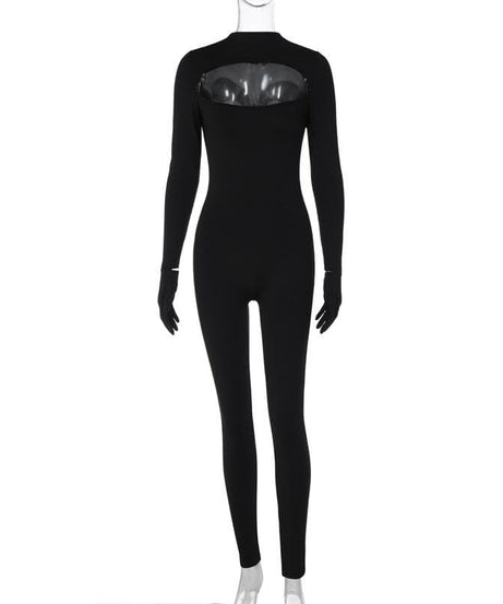 Daring Black Cutout Jumpsuit with Built-In Gloves - Sleek Halloween & Holiday Statement Catsuit