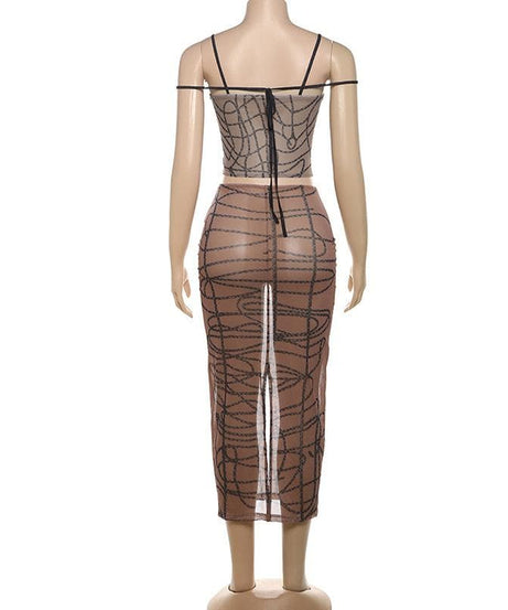 Bewitching Sheer Mesh Spiderweb Print Cami & Midi Skirt Set - Your Ultimate Fall & Halloween Statement