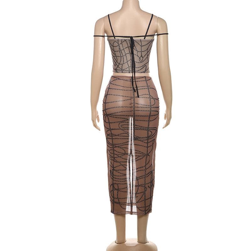 Bewitching Sheer Mesh Spiderweb Print Cami & Midi Skirt Set - Your Ultimate Fall & Halloween Statement