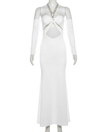 The Ultimate Statement: White O-Ring Cut-Out Maxi Dress with Elegant Long Sleeves – Holiday Galas & NYE Ready