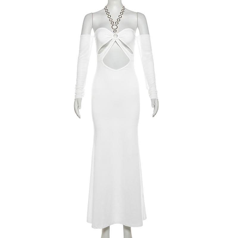 The Ultimate Statement: White O-Ring Cut-Out Maxi Dress with Elegant Long Sleeves – Holiday Galas & NYE Ready