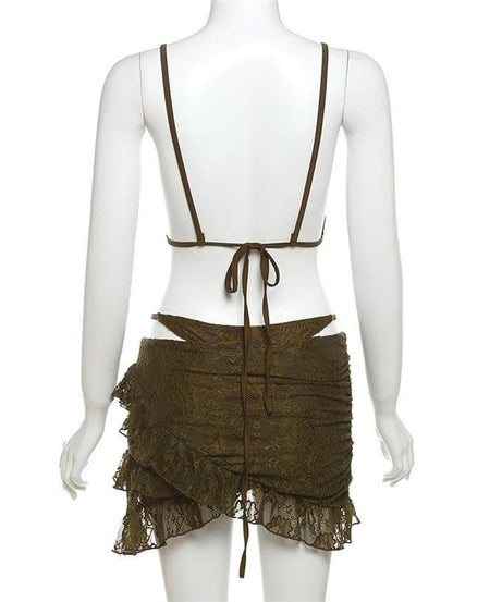 Sultry Chocolate Lace Halter Top & Cutout Mini Skirt Set - Edgy Y2K Party & Halloween Vibe