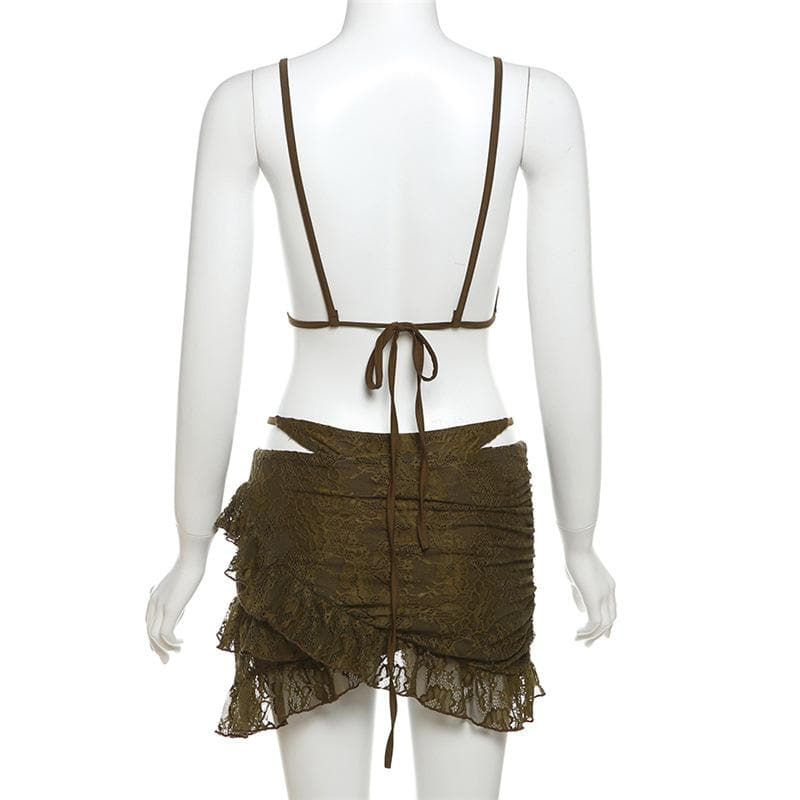 Sultry Chocolate Lace Halter Top & Cutout Mini Skirt Set - Edgy Y2K Party & Halloween Vibe