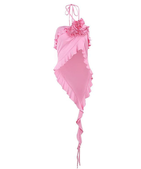 Show-Stopping Pink Ruffle Halter Top | Barbiecore Floral Asymmetrical Crop | Your Ultimate Party & Vacation Statement