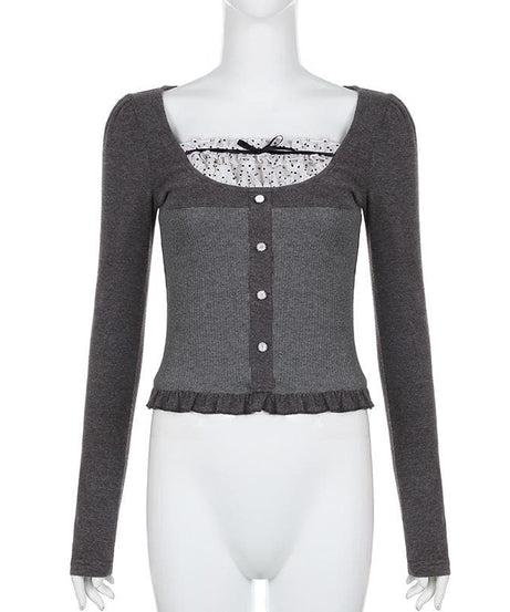 Autumn Chic Y2K Ribbed Ruffle Patchwork Long Sleeve Top