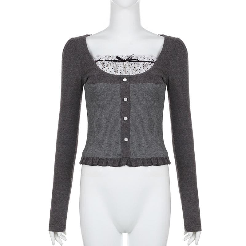 Autumn Chic Y2K Ribbed Ruffle Patchwork Long Sleeve Top