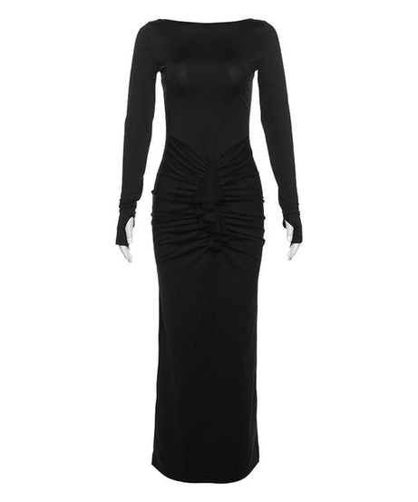 Fall & Holiday Chic: Flattering Black Ruched Maxi Dress with Thumbhole Sleeves