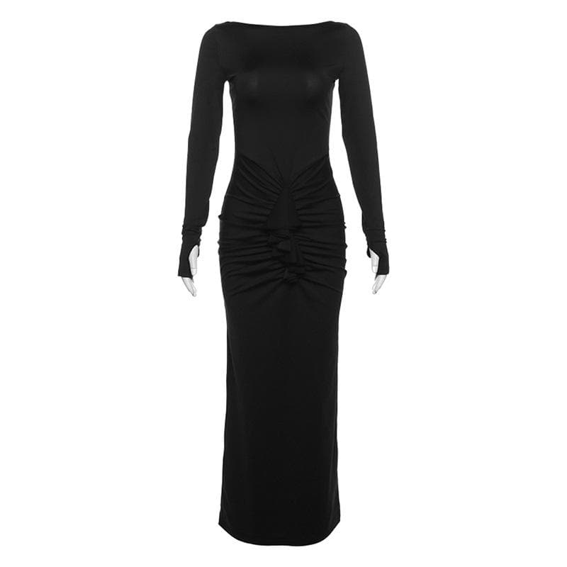 Fall & Holiday Chic: Flattering Black Ruched Maxi Dress with Thumbhole Sleeves