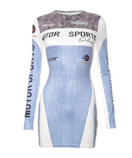 Rev Up Your Fall Style: Edgy Motorsports Denim Print Long Sleeve Bodycon Mini Dress