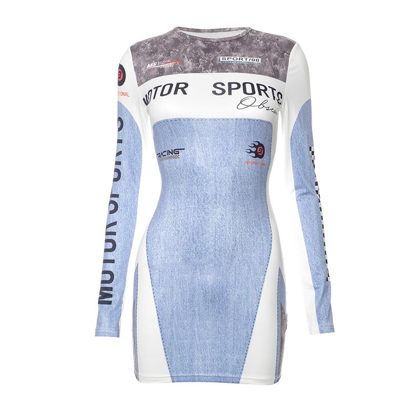 Rev Up Your Fall Style: Edgy Motorsports Denim Print Long Sleeve Bodycon Mini Dress