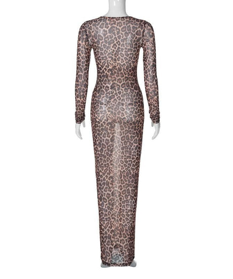 Fierce Leopard Print Sheer Maxi Dress - Long Sleeve Mesh for Fall & Holiday Glam
