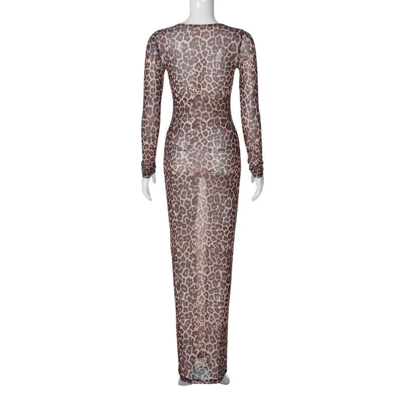 Fierce Leopard Print Sheer Maxi Dress - Long Sleeve Mesh for Fall & Holiday Glam