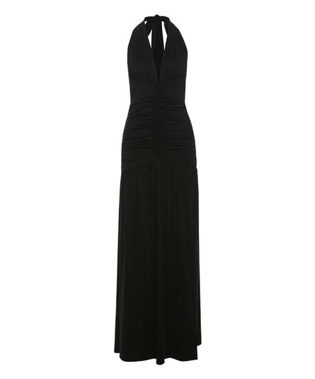 Alluring Black Halter V-Neck Ruched Backless Maxi Dress - Your Fall & Holiday Party Statement
