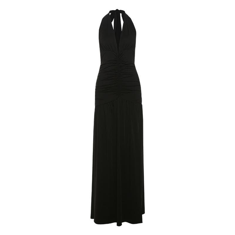 Alluring Black Halter V-Neck Ruched Backless Maxi Dress - Your Fall & Holiday Party Statement