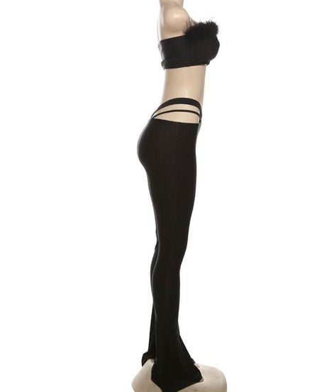 Glam Feather Tube Top & Cutout Flare Pants Set - Ultimate Fall Party & Halloween Style