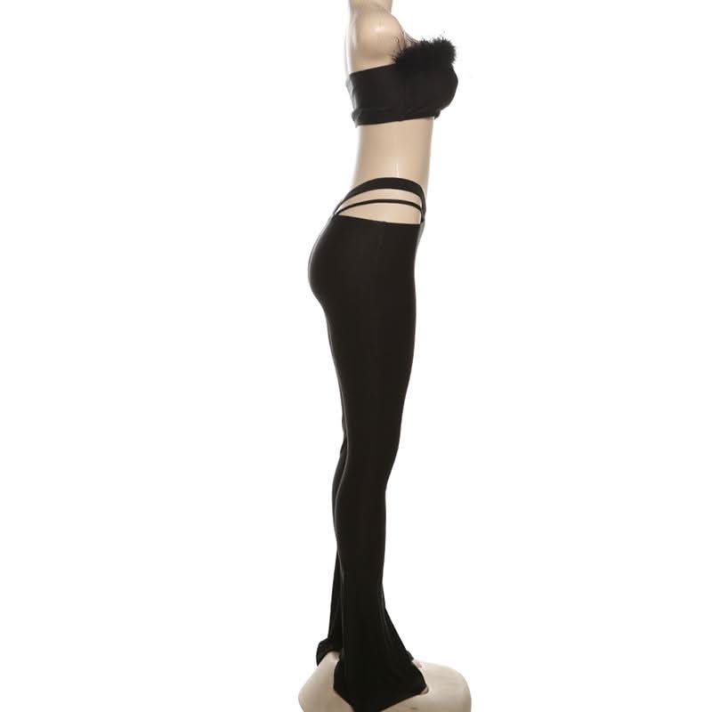 Glam Feather Tube Top & Cutout Flare Pants Set - Ultimate Fall Party & Halloween Style