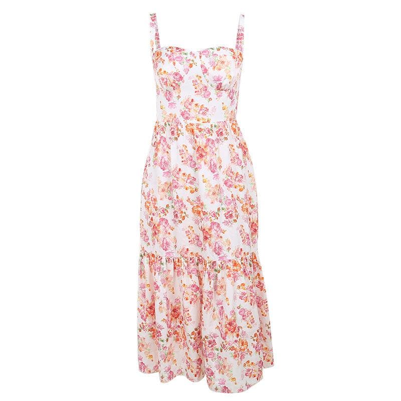 Enchanting Floral Ruched Midi Dress - Sweetheart Style for Fall Flair & Vacation Charm
